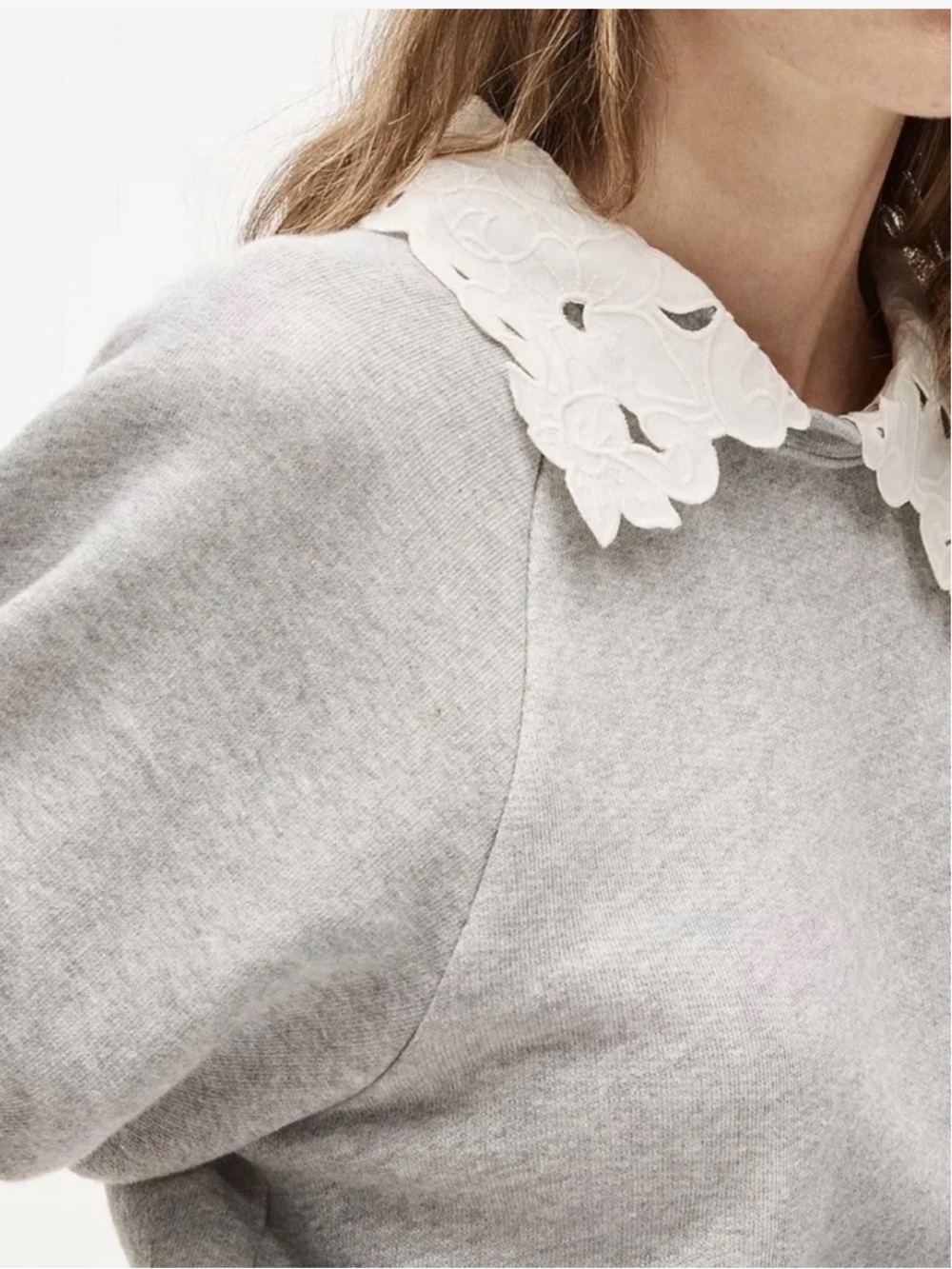 J. Crew Light Gray Puff-Sleeve Sweatshirt with White Floral Collar - Picture 4 of 16